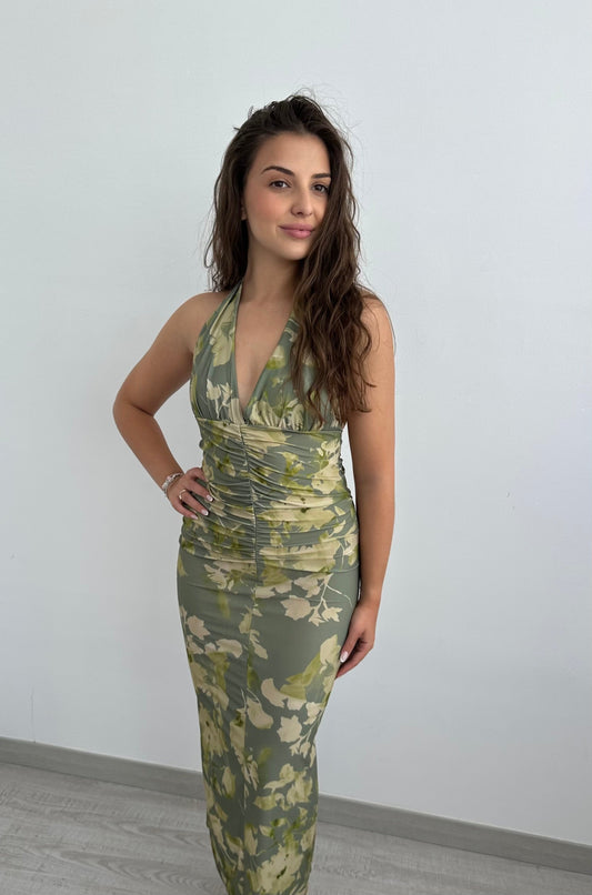 Vestido Midi Mujer Caqui Talla Única Ajustable Silueta Acampanada
