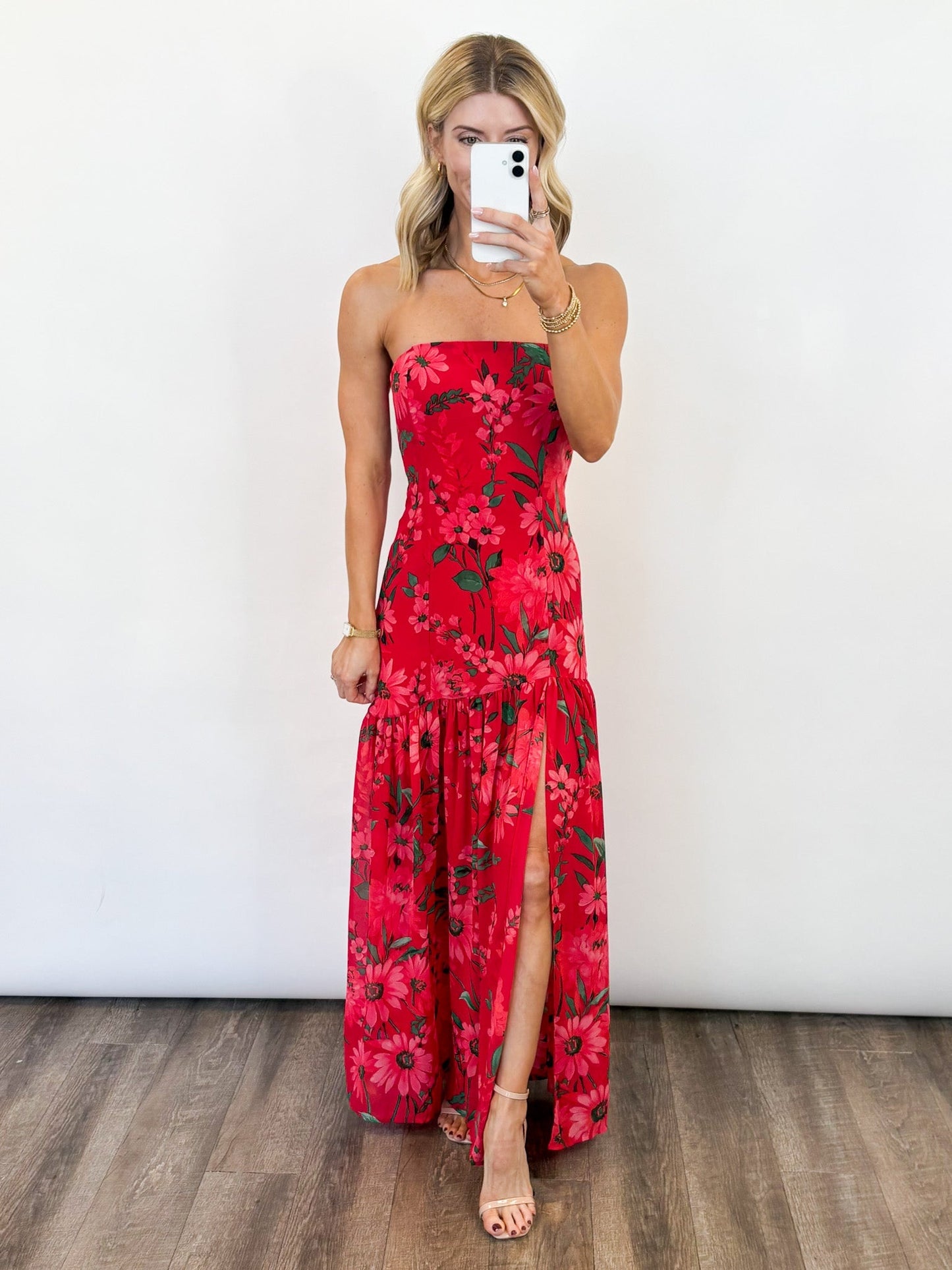 Women's Long Strapless Dress with Floral Print – Elegant Ceremony