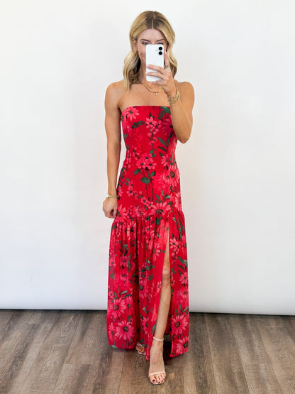 Women's Long Strapless Dress with Floral Print – Elegant Ceremony