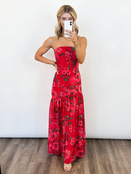 Women's Long Strapless Dress with Floral Print – Elegant Ceremony