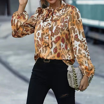 Blusa Donna Stampa Animalier Fiocco al Collo Maniche Lunghe