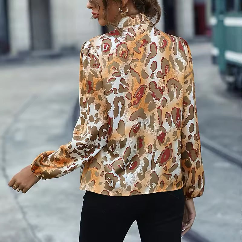 Blusa Donna Stampa Animalier Fiocco al Collo Maniche Lunghe