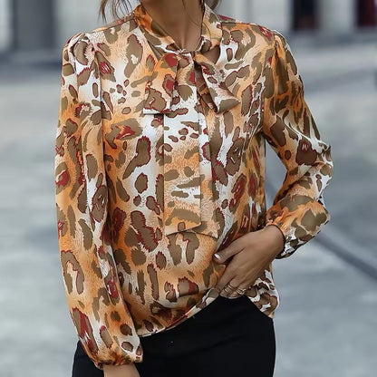 Blusa Donna Stampa Animalier Fiocco al Collo Maniche Lunghe