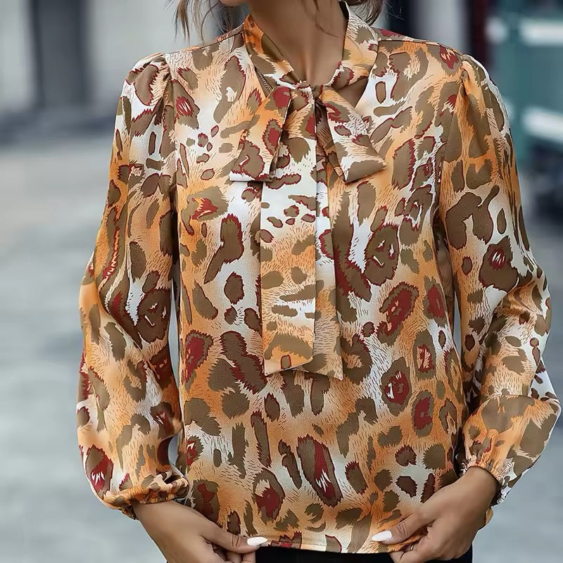 Blusa Donna Stampa Animalier Fiocco al Collo Maniche Lunghe