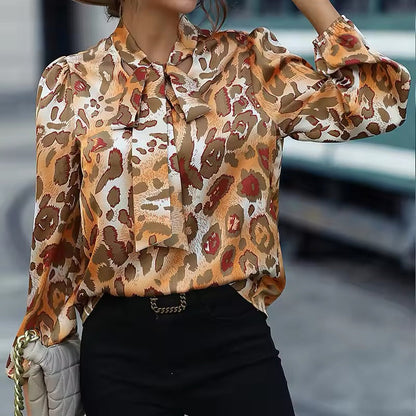 Blusa Donna Stampa Animalier Fiocco al Collo Maniche Lunghe