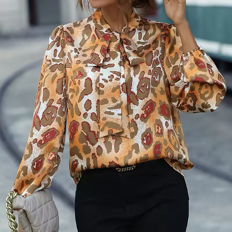 Blusa Donna Stampa Animalier Fiocco al Collo Maniche Lunghe