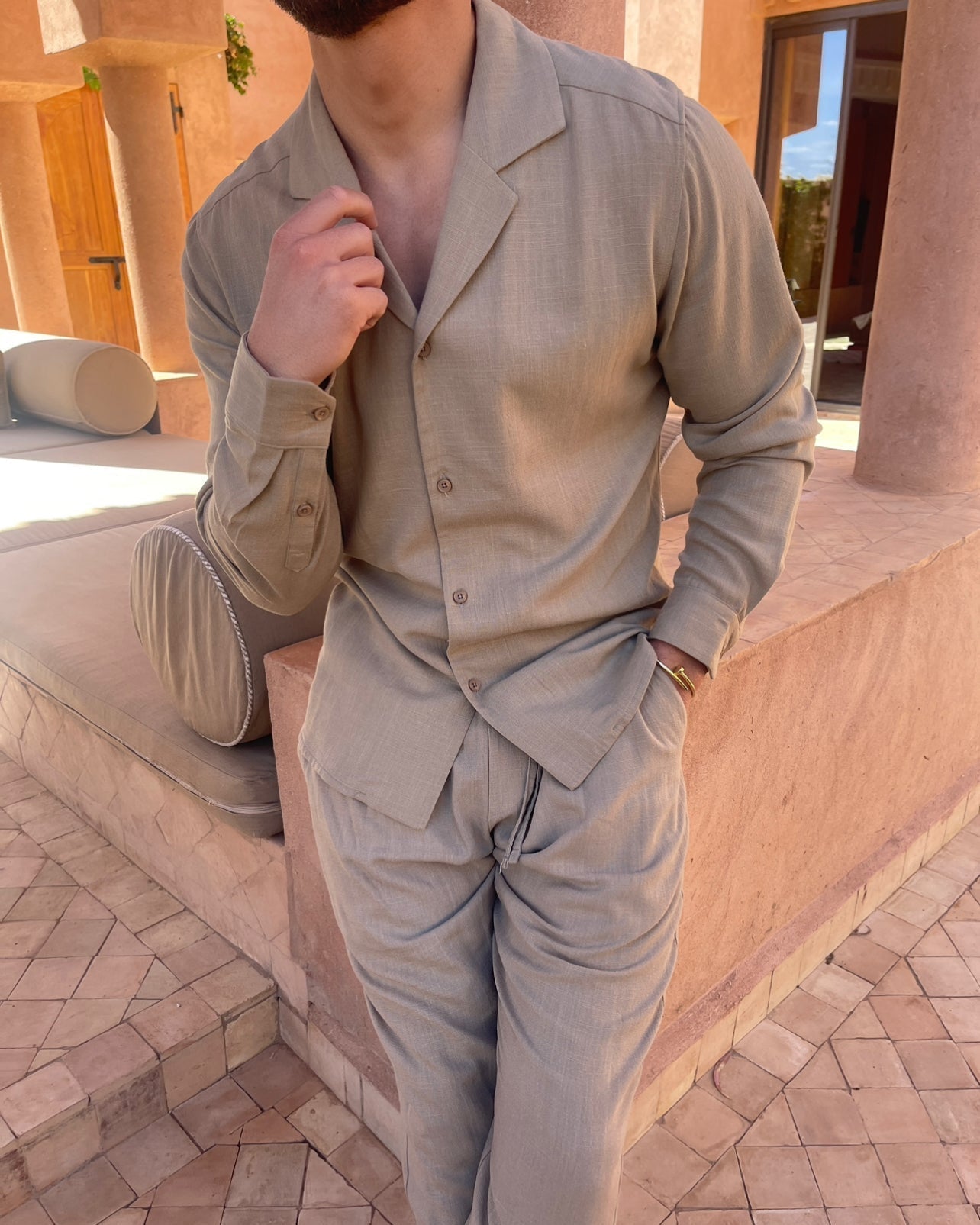 Conjunto de Hombre de Lino Primaveral Camisa y Pantalones Ligero y Transpirable