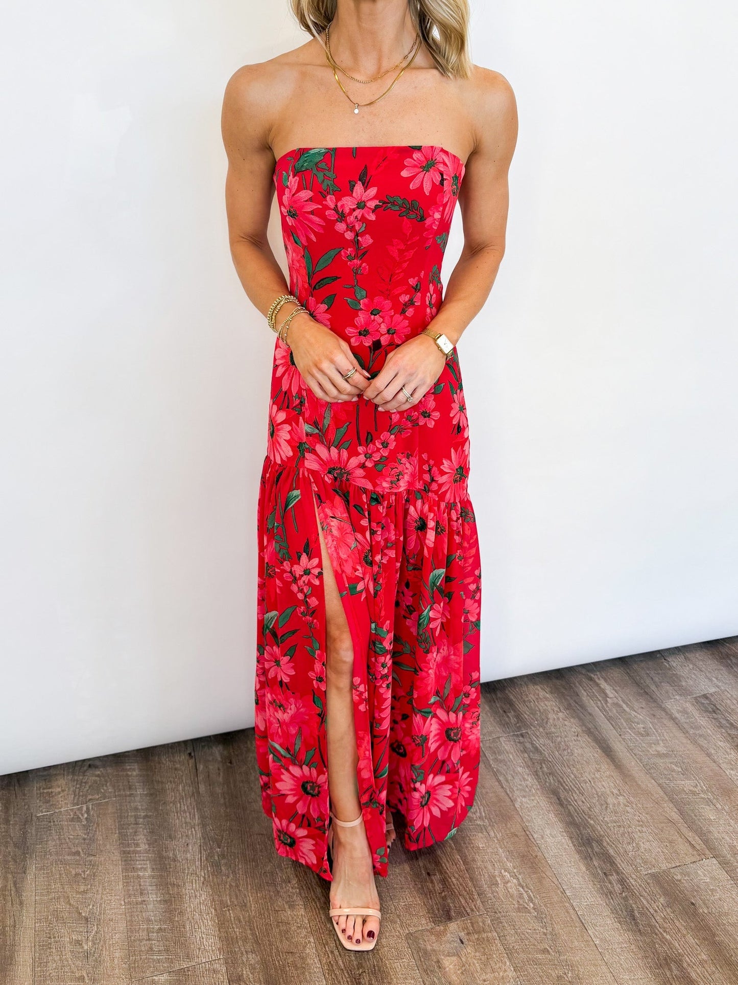 Women's Long Strapless Dress with Floral Print – Elegant Ceremony