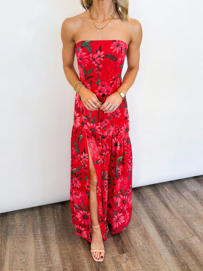 Women's Long Strapless Dress with Floral Print – Elegant Ceremony