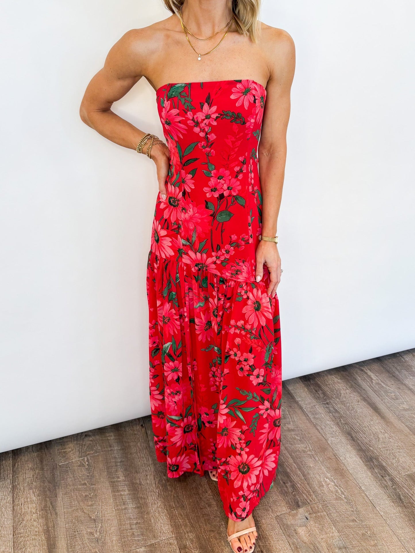 Women's Long Strapless Dress with Floral Print – Elegant Ceremony