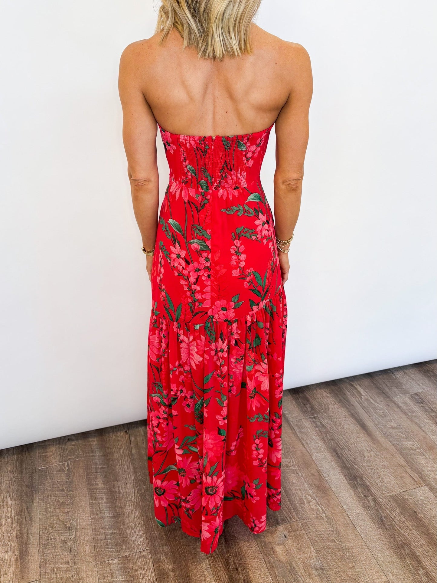 Women's Long Strapless Dress with Floral Print – Elegant Ceremony