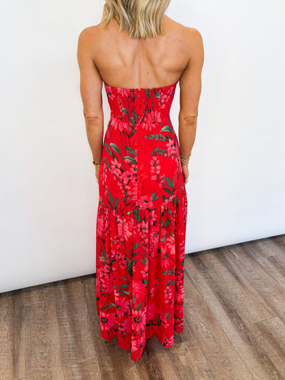 Women's Long Strapless Dress with Floral Print – Elegant Ceremony