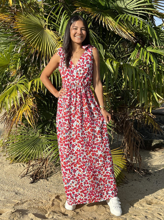 Vestido Largo Mujer Estampado Floral Manga Corta Nudo en el Hombro Talla Única