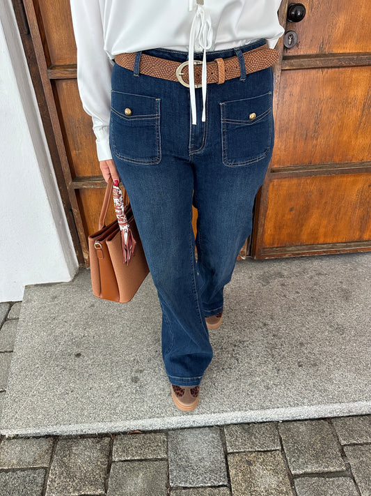 Jeans til kvinder med vide ben og høj talje med gyldne knapper