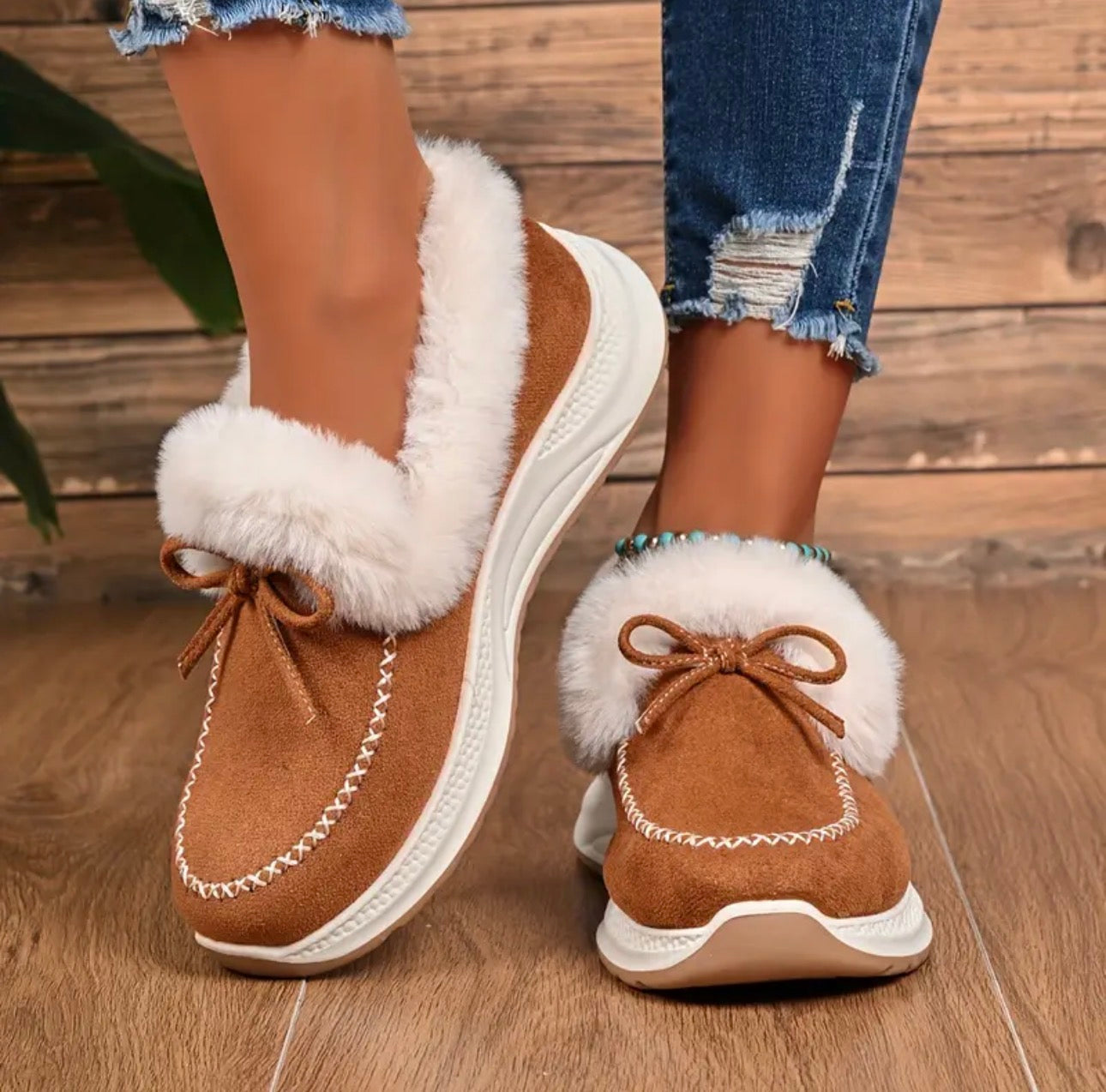 Women's Winter Sneakers Lined with Fur with Bow and Slip-On Design