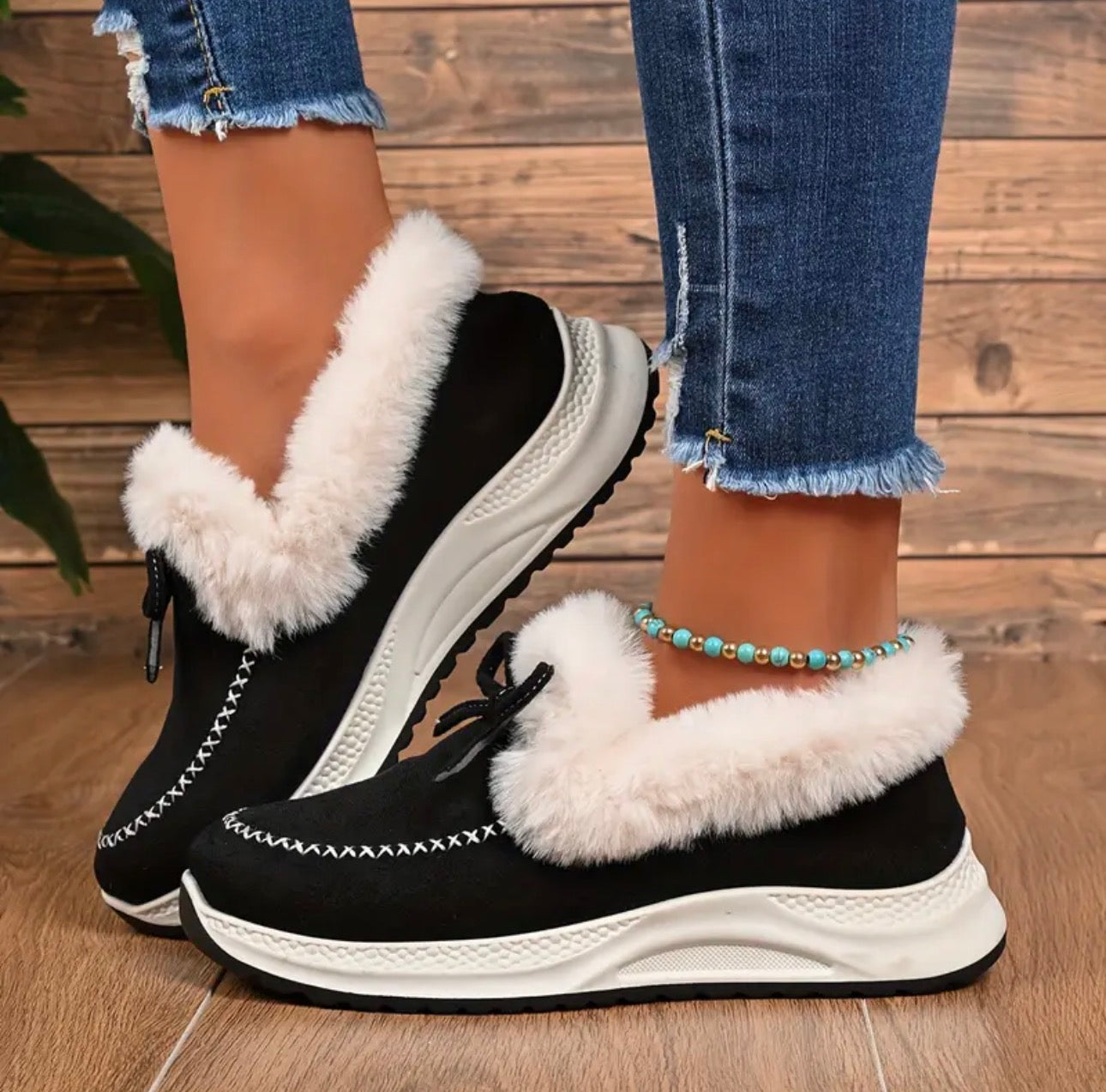 Women's Winter Sneakers Lined with Fur with Bow and Slip-On Design
