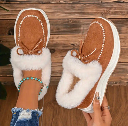 Women's Winter Sneakers Lined with Fur with Bow and Slip-On Design