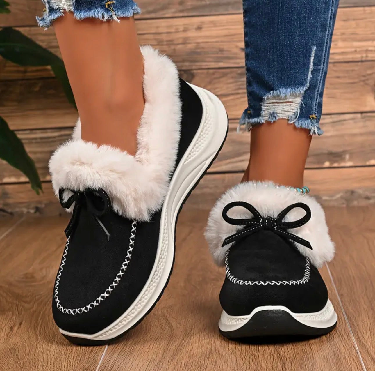 Women's Winter Sneakers Lined with Fur with Bow and Slip-On Design