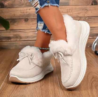 Women's Winter Sneakers Lined with Fur with Bow and Slip-On Design