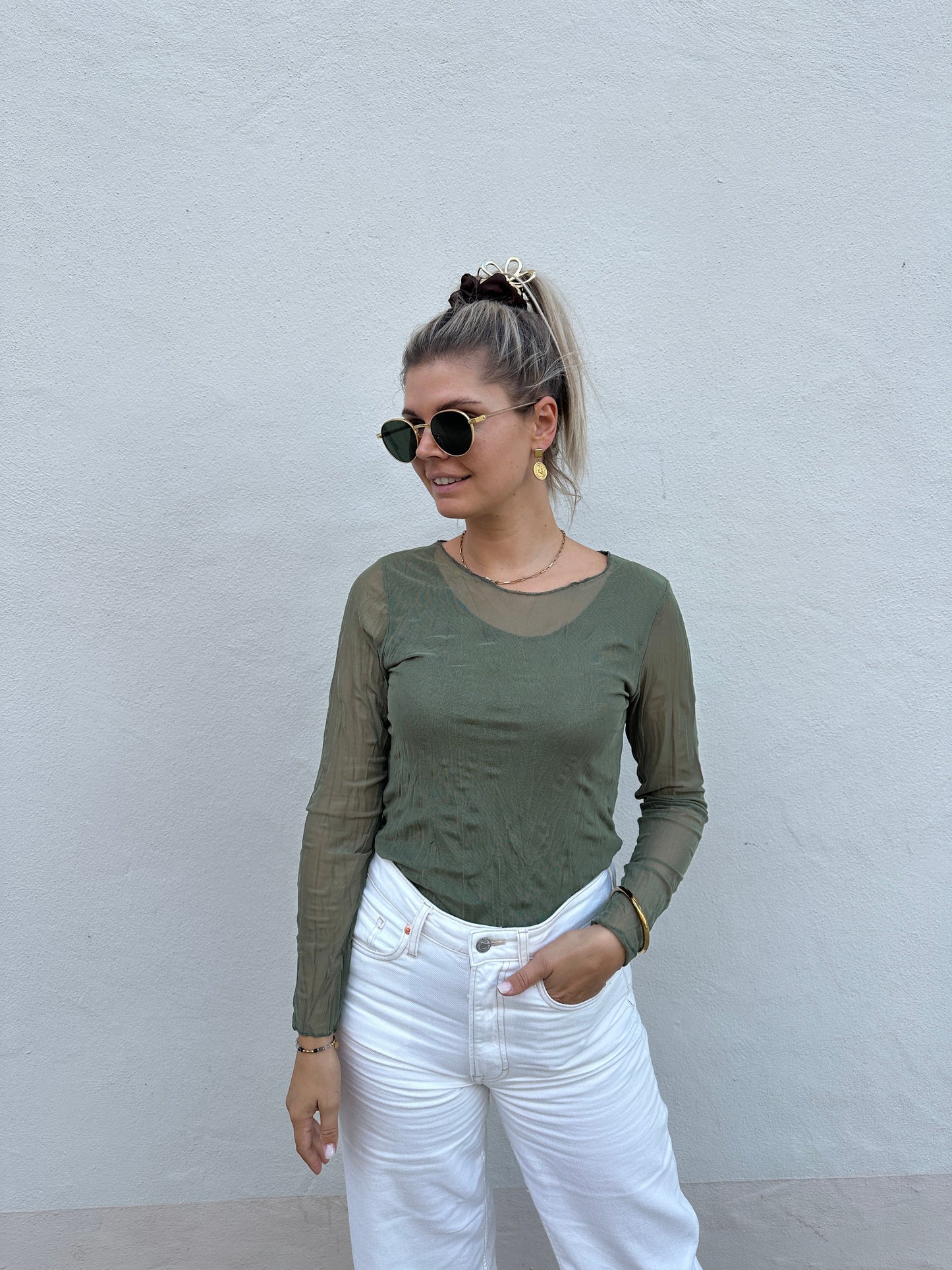Top Donna Manica Lunga in Rete Verde Oliva Taglia Unica