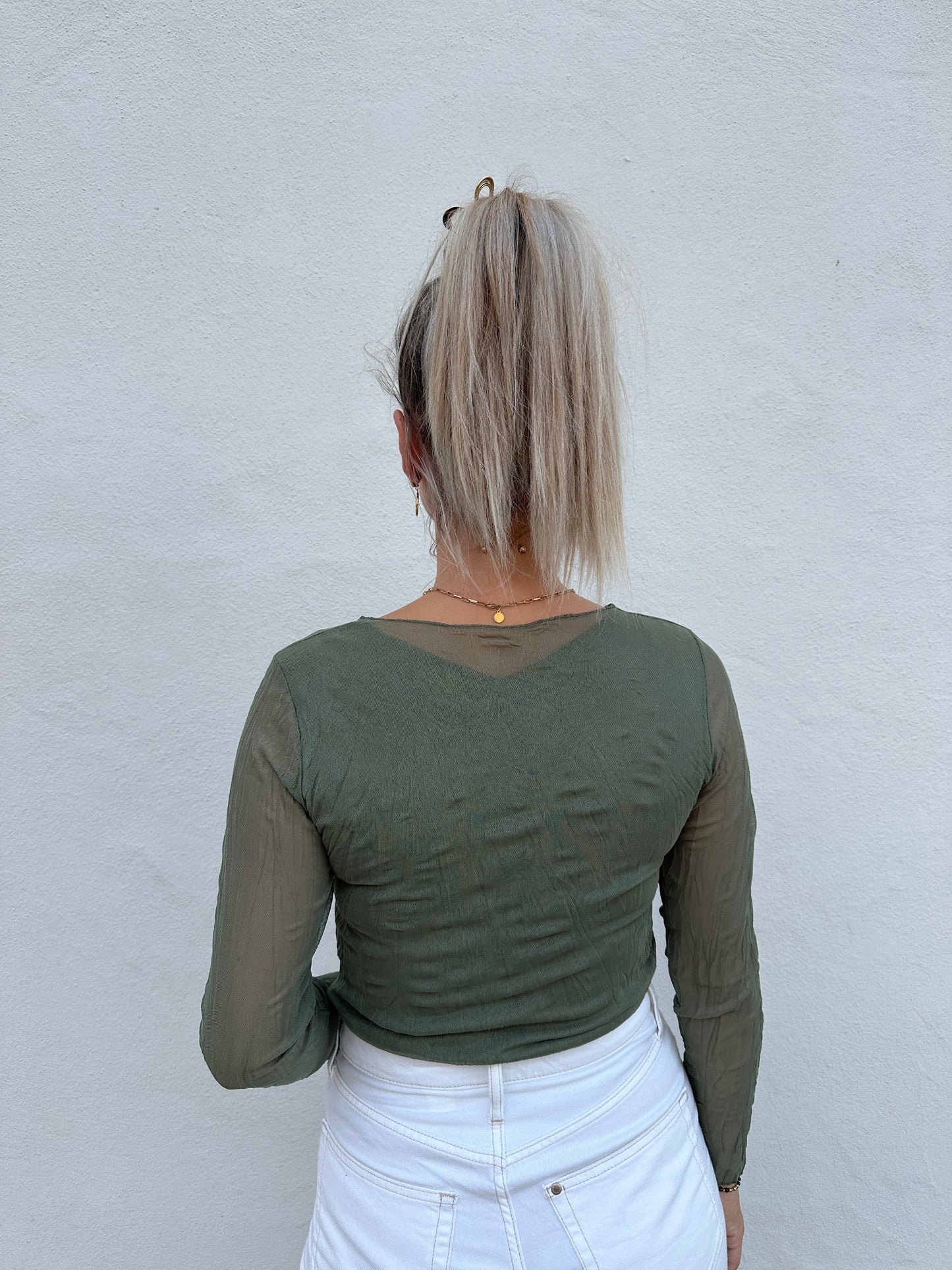 Top Donna Manica Lunga in Rete Verde Oliva Taglia Unica