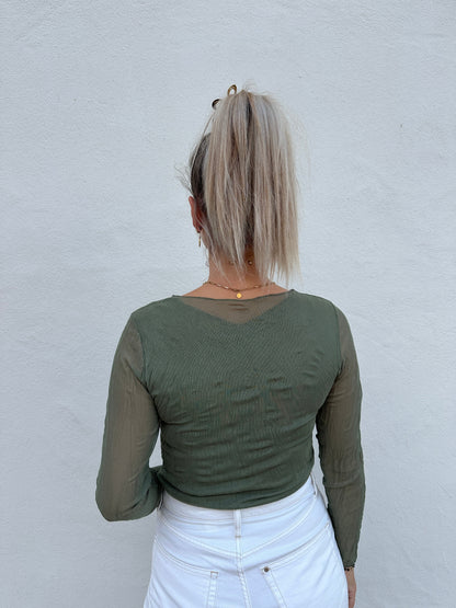 Top Donna Manica Lunga in Rete Verde Oliva Taglia Unica