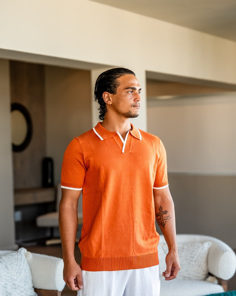 Men's Knit Polo Shirt with Contrasting Collar and Sleeves