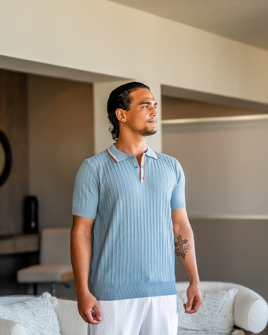 Men's Knit Polo with Chevron Pattern and Contrast Trim