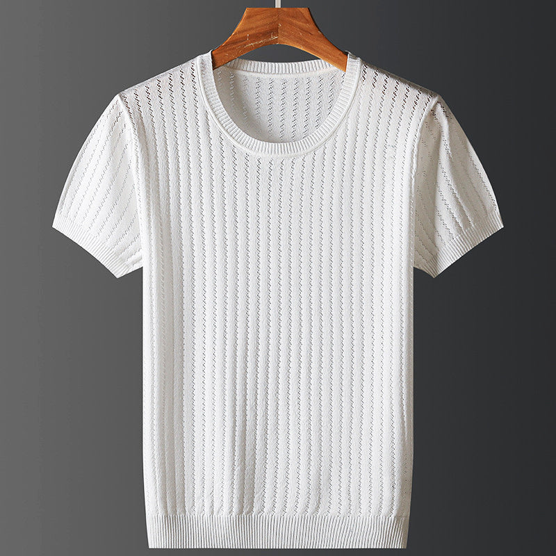 Herret-shirt med korte ærmer, rund hals, ensfarvet, strikket, elastisk pasform
