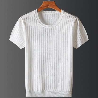 Herret-shirt med korte ærmer, rund hals, ensfarvet, strikket, elastisk pasform
