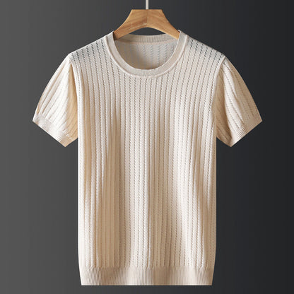 Herret-shirt med korte ærmer, rund hals, ensfarvet, strikket, elastisk pasform