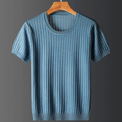 Herret-shirt med korte ærmer, rund hals, ensfarvet, strikket, elastisk pasform