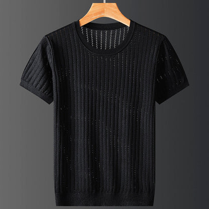 Herret-shirt med korte ærmer, rund hals, ensfarvet, strikket, elastisk pasform