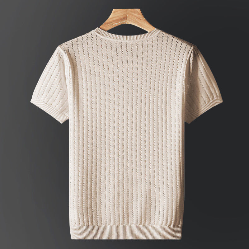 Herret-shirt med korte ærmer, rund hals, ensfarvet, strikket, elastisk pasform
