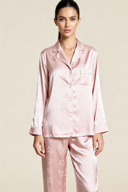 Women's Satin Jacquard Pajamas with Heart Pattern – Shirt and Pants