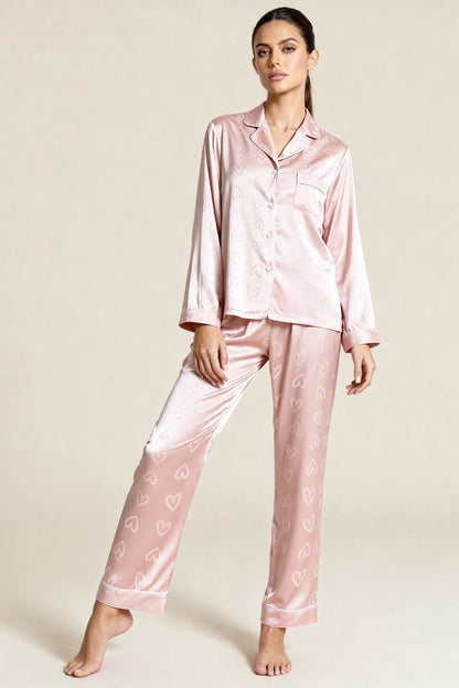 Women's Satin Jacquard Pajamas with Heart Pattern – Shirt and Pants