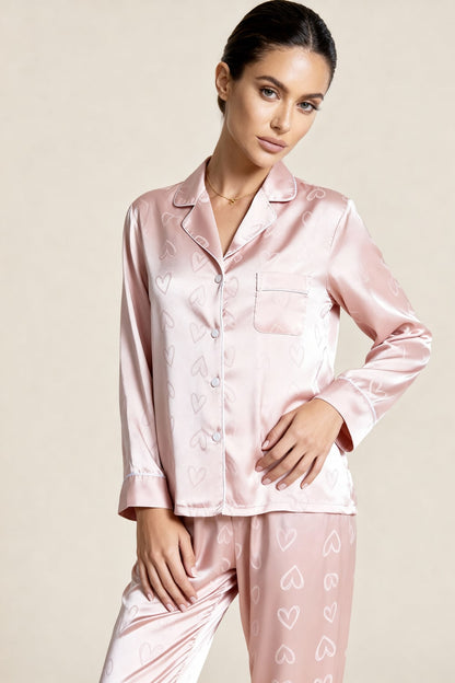 Women's Satin Jacquard Pajamas with Heart Pattern – Shirt and Pants