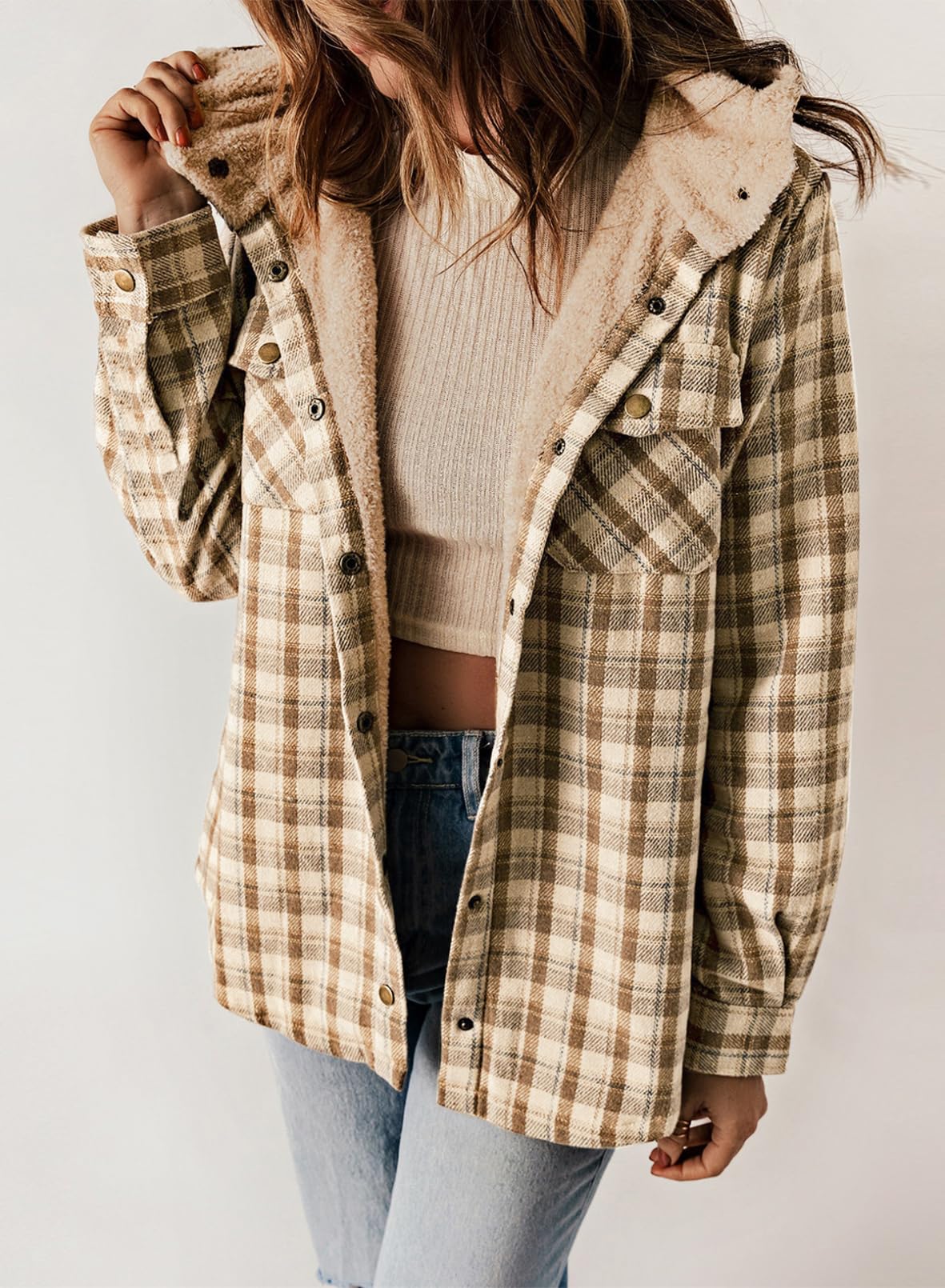 Women's Autumn Plaid Jacket with Hood and Fleece Lining – Long Sleeves with Pockets