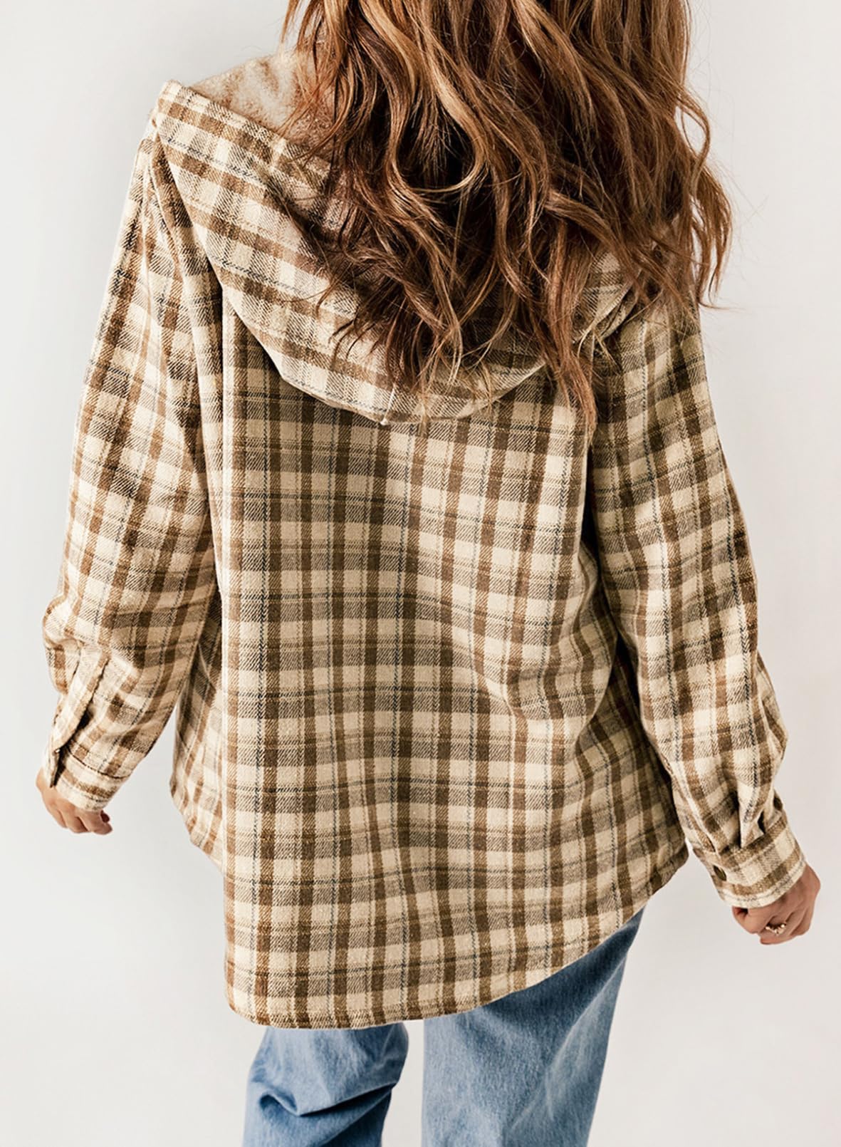 Women's Autumn Plaid Jacket with Hood and Fleece Lining – Long Sleeves with Pockets