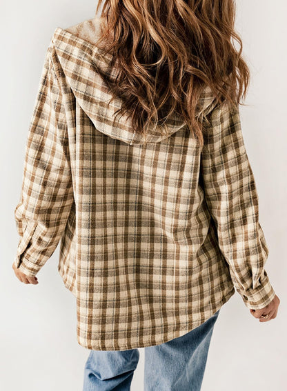 Women's Autumn Plaid Jacket with Hood and Fleece Lining – Long Sleeves with Pockets