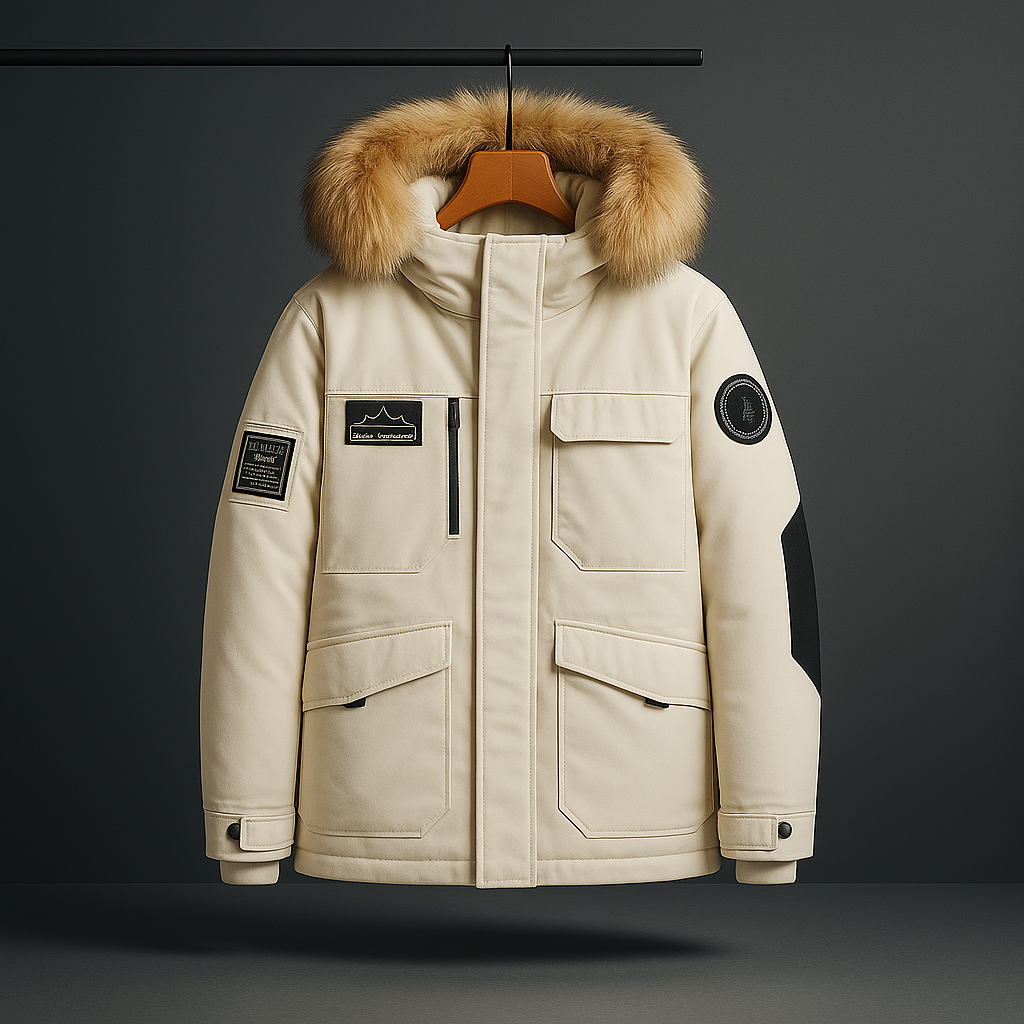 Parka Uomo Invernale con Cappuccio e Quattro Tasche Frontali – Stile Funzionale – Pelliccia Look