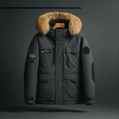 Parka Uomo Invernale con Cappuccio e Quattro Tasche Frontali – Stile Funzionale – Pelliccia Look