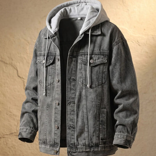 Men's Vintage Washed Denim Jacket with Integrated Hood and Relaxed Fit.