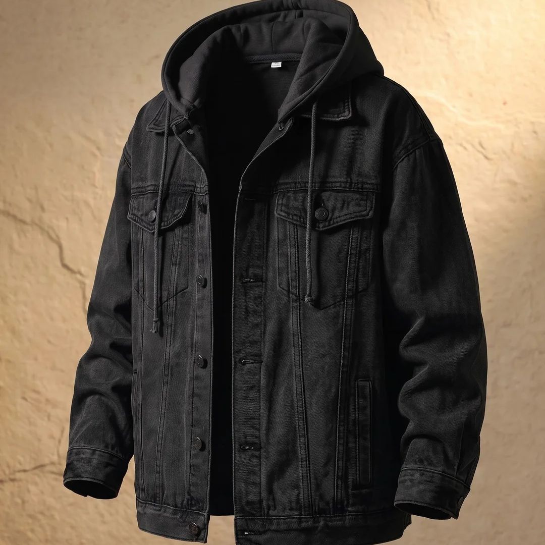 Men's Vintage Washed Denim Jacket with Integrated Hood and Relaxed Fit.