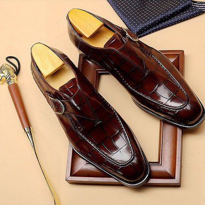 Men's elegant square-toe shoes with an adjustable strap and rubber sole.