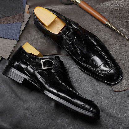 Men's elegant square-toe shoes with an adjustable strap and rubber sole.