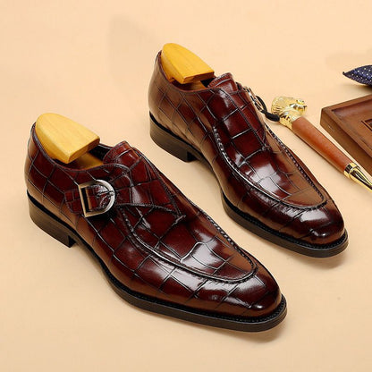 Men's elegant square-toe shoes with an adjustable strap and rubber sole.