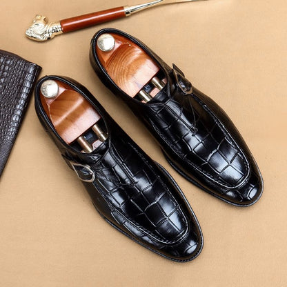 Men's elegant square-toe shoes with an adjustable strap and rubber sole.
