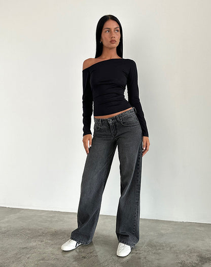 Jeans Dame Lige Ben Lav Talje Fem Lommet Sort Grå Vasket – Denim Stil