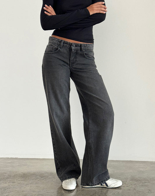 Women's Straight Leg Low Waist Five-Pocket Jeans Black Washed Gray – Denim Style